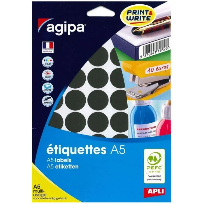 Pastilles adhésives rondes - 24 mm - Noir AGIPA Lot de 400