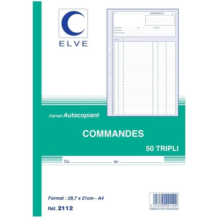 Carnet de Bon de COMMANDE 297 x 210 mm - Autocopiant Tripli ELVE