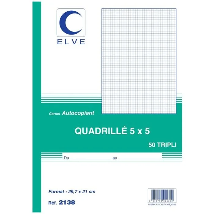 QUADRILLE Carnet 297 x 210 mm - Manifold A4 Autocopiant Tripli ELVE