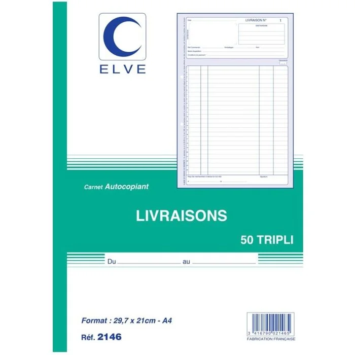 LIVRAISONS Carnet 297 x 210 mm - Manifold A4 Autocopiant Tripli ELVE