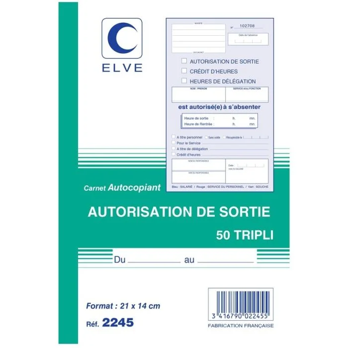 AUTORISATION DE SORTIE Carnet autocopiant Tripli - A5 ELVE