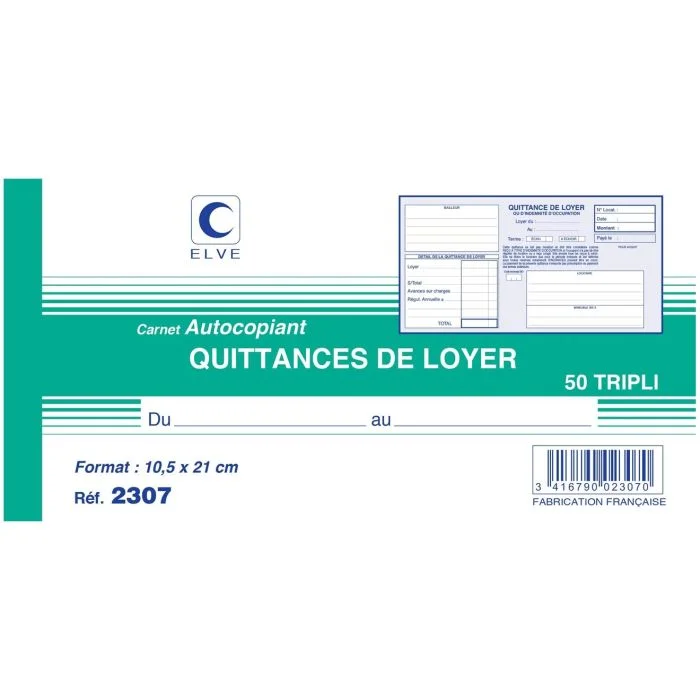 QUITTANCE DE LOYER Carnet autocopiant Tripli - 105 x 210 mm ELVE