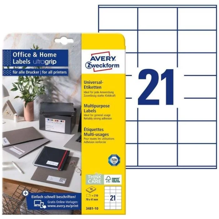 Étiquettes adhésives - 70 x 41 mm - Blanc AVERY Office and Home Lot de 210