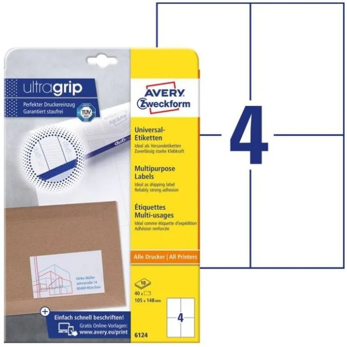 Étiquettes adhésives A6 - 105 x 148 mm - Blanc AVERY Office and Home Lot de 40