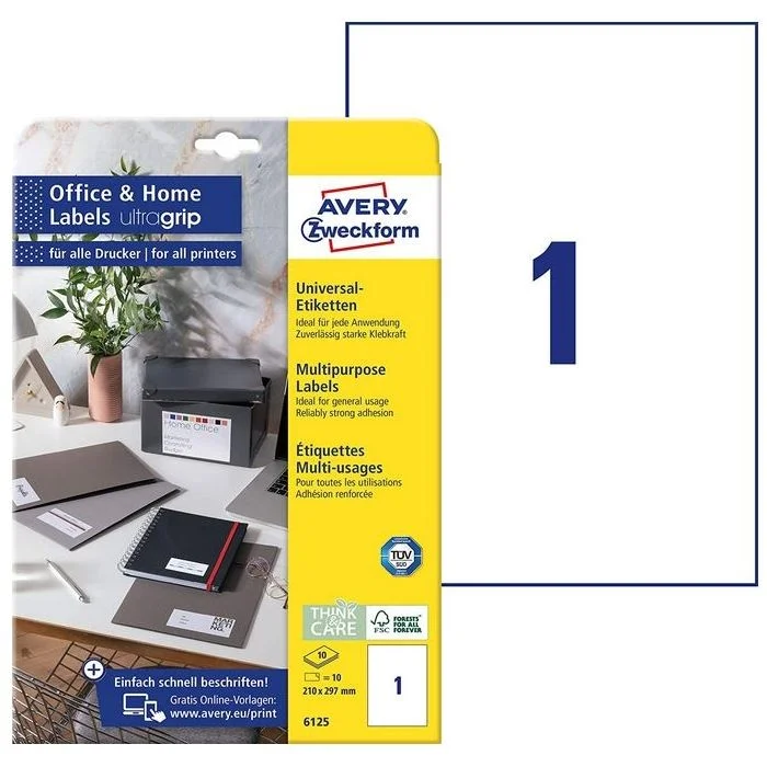 Étiquettes adhésives A4 210 x 297 mm - Blanc AVERY Office and Home Lot de 10