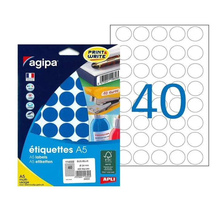 Pastilles adhésives - 24 mm - Bleu AGIPA Lot de 400