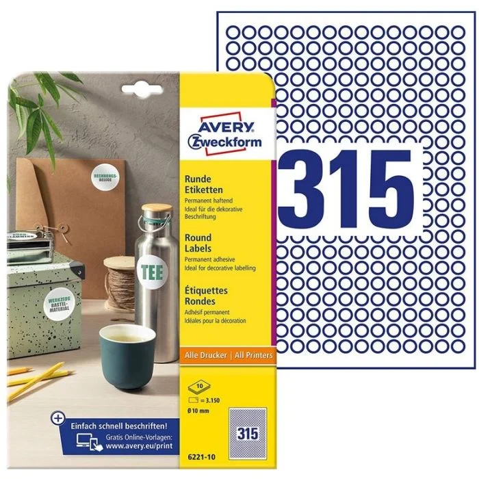 Étiquettes adhésives permanentes - Diamètre 10 mm - Blanc AVERY Lot de 3150