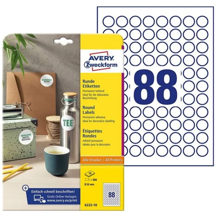 Étiquettes adhésives permanentes - Diamètre 20 mm - Blanc AVERY Lot de 880