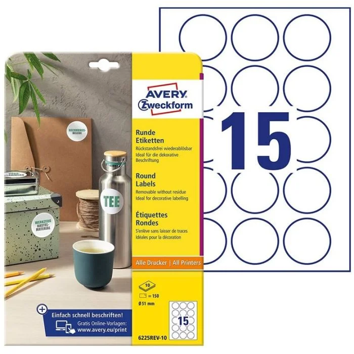 Etiquettes autocollantes rondes amovibles - 51 mm - Blanc AVERY Lot de 150