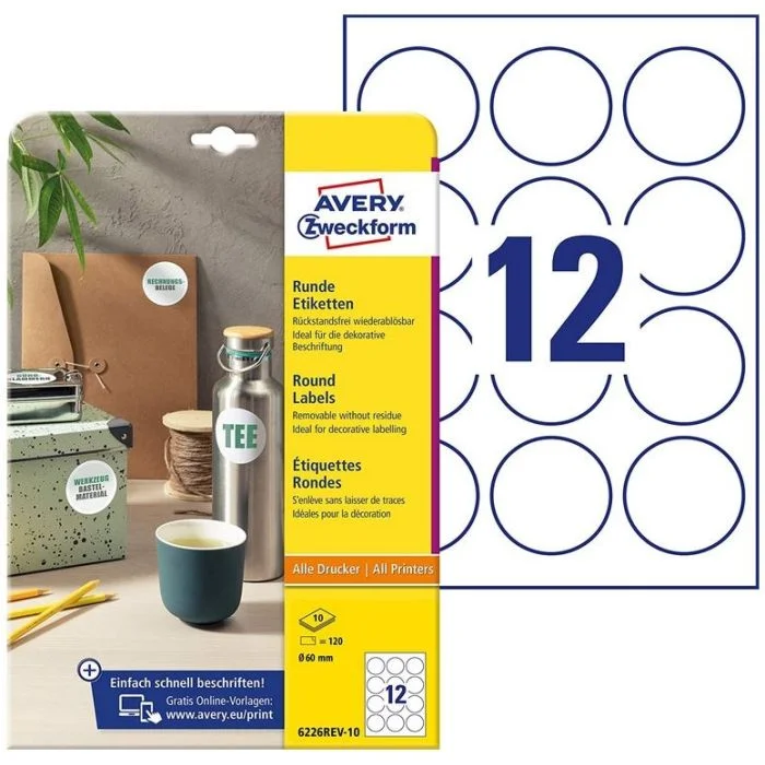 Etiquettes autocollantes rondes amovibles - 60 mm - Blanc AVERY Lot de 120