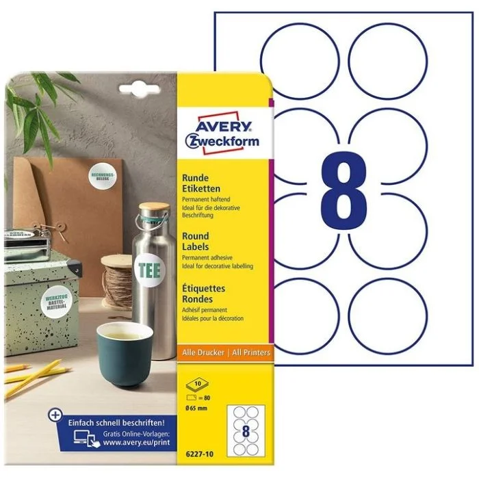 Etiquettes autocollantes rondes 65 mm - Blanc AVERY Lot de 80