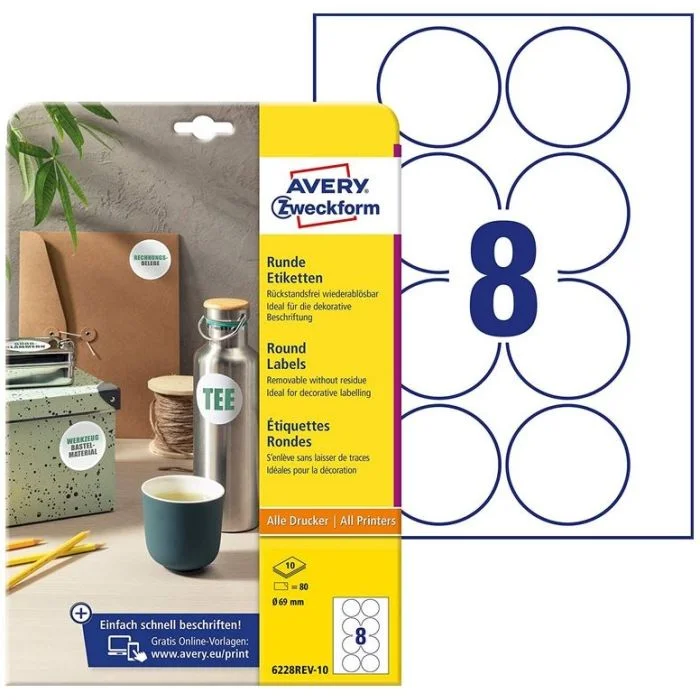 Etiquettes autocollantes rondes amovibles - 69 mm - Blanc AVERY Lot de 80