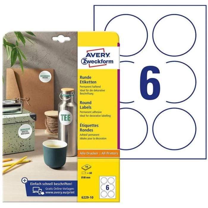 Etiquettes autocollantes rondes 80 mm - Blanc AVERY Lot de 60