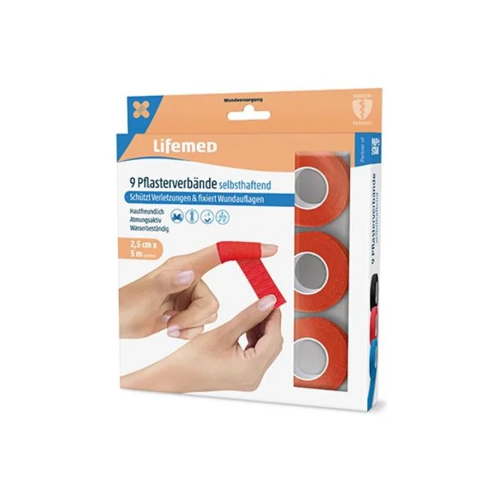 Bande adhésive élastique - 25 mm x 5 m - Rouge LIFEMED Lot de 9