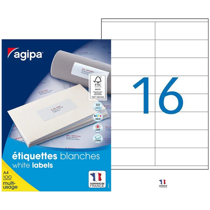 Étiquettes adhésives blanches - 105 x 35 mm AGIPA 119005 Lot de 1600