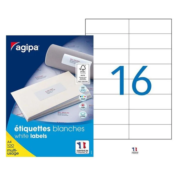 Étiquettes adhésives 105 x 37 mm - Blanc AGIPA 119012 Lot de 1600