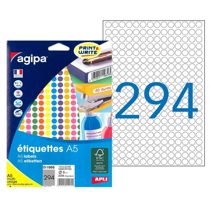 Pastilles adhésives 8 mm - Assortiment AGIPA Lot de 2058