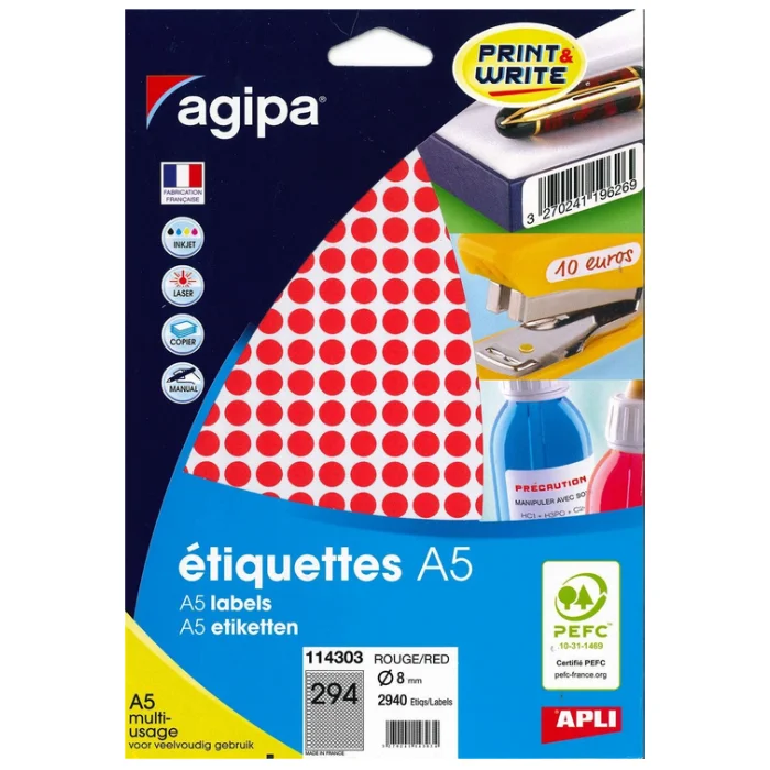 Pastilles adhésives 8 mm - Rouge AGIPA Lot de 2940