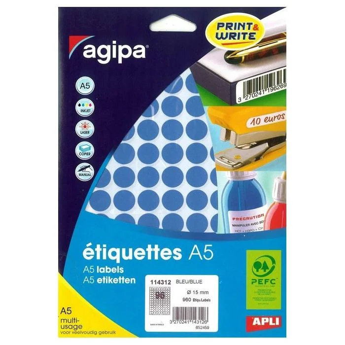 Pastilles adhésives 15 mm - Bleu AGIPA Lot de 960