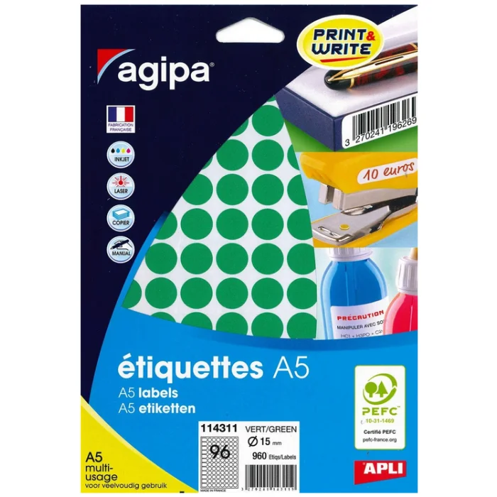 Pastilles adhésives 15 mm - Vert AGIPA Lot de 960