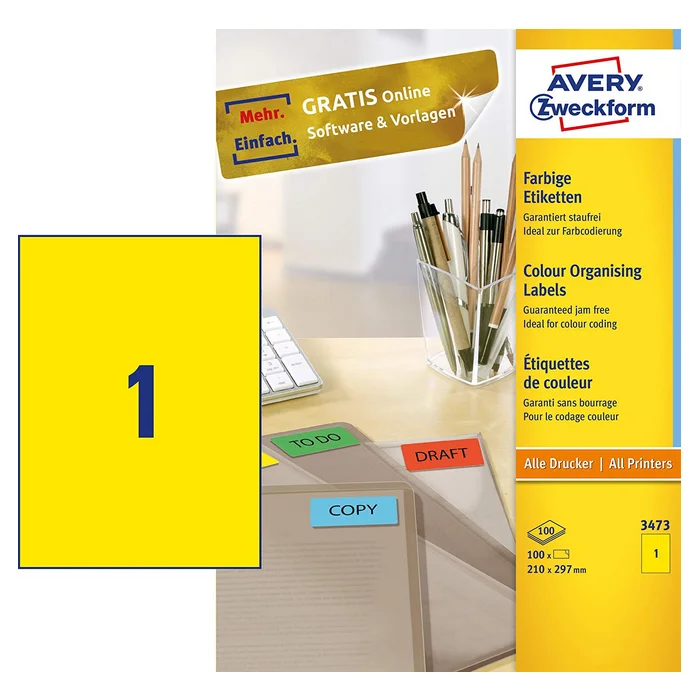Étiquettes adhésives - 210 x 297 mm - Jaune AVERY Lot de 100