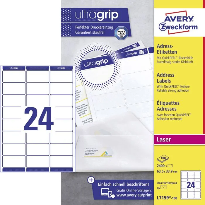 Étiquettes Timbres / Adresses - 63,5 x 33,9 mm AVERY QuickPEEL L7159 Lot de 2400