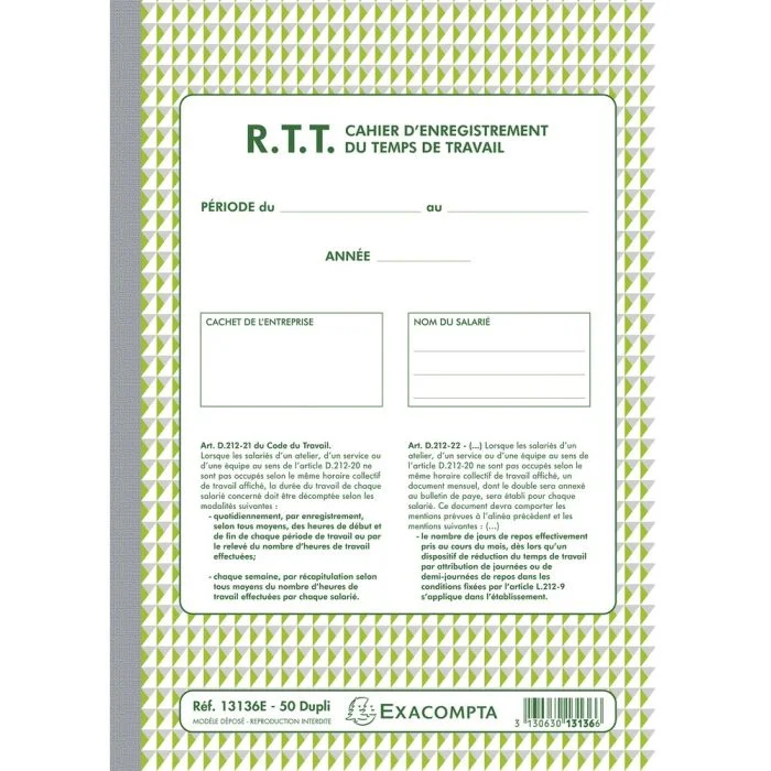 Cahier d'enregistrement du Temps de Travail - RTT EXACOMPTA