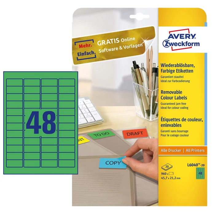 Mini-étiquettes - 45,7 x 21,2 mm - Vert AVERY Lot de 960