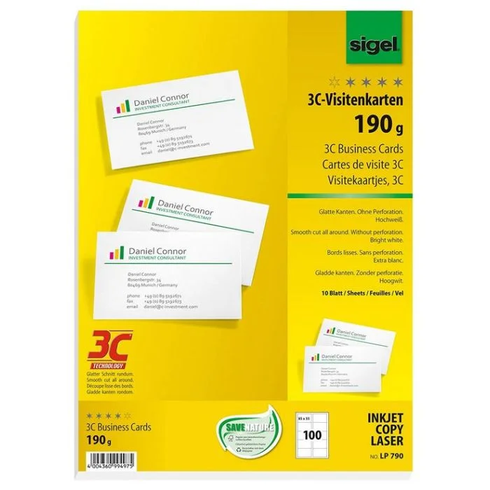 Lot de 100 Cartes de Visite 3C extra blanches - 190 g SIGEL