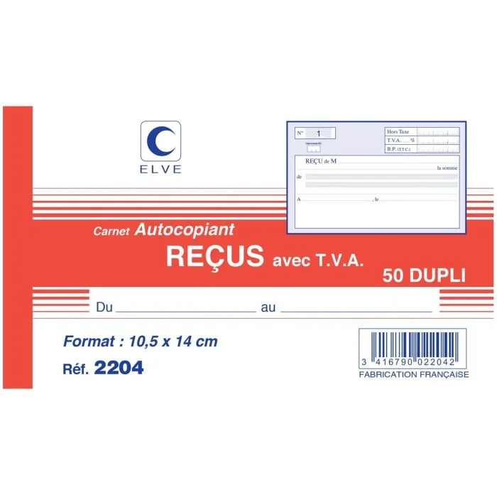 REÇUS avec TVA Carnet autocopiant Dupli - 105 x 180 mm ELVE