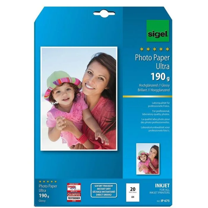 Lot de 20 Papiers Photos Ultra A4 - Brillant - 190 g/m² SIGEL IP675