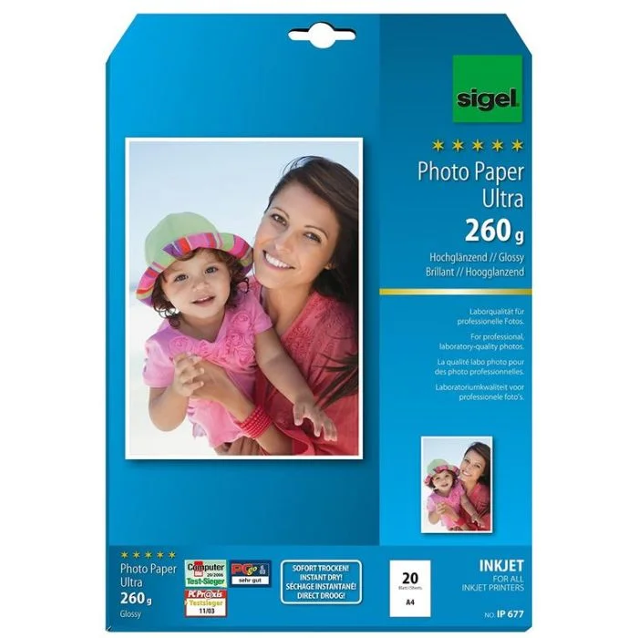 Lot de 20 Papiers Photos Ultra A4 - Brillant - 260 g/m² SIGEL IP677