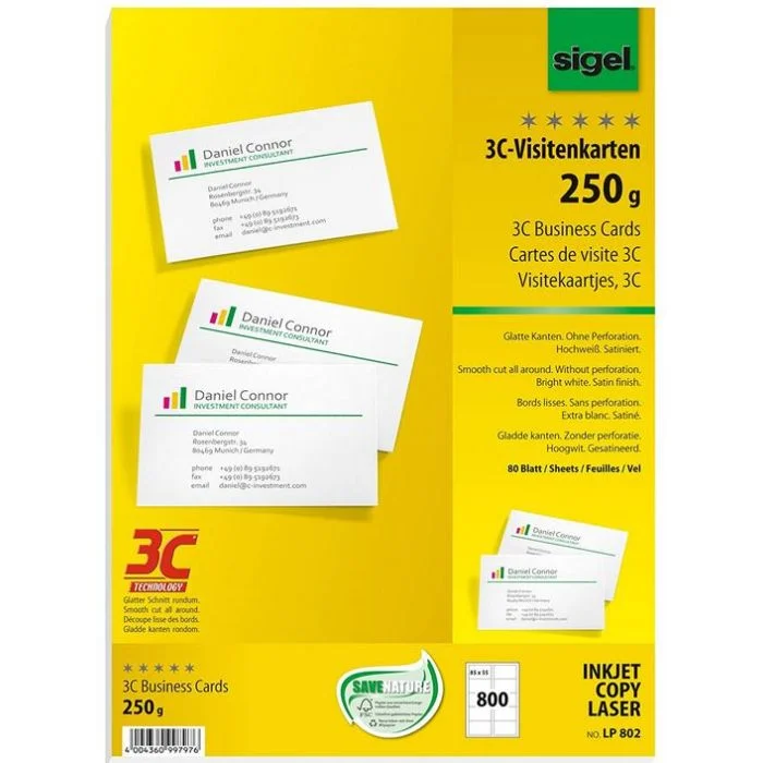 Lot de 800 cartes de Visite 3C extra blanches - 250 g - 85 x 55 mm SIGEL