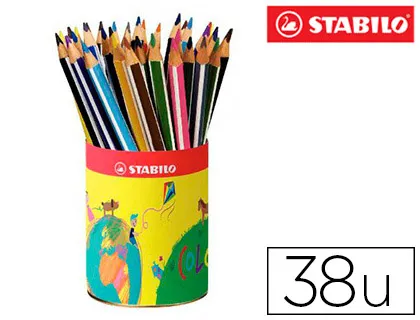 Crayon couleur stabilo trio long bois triangulaire 175mm mine large souple 4mm pot métal 38u