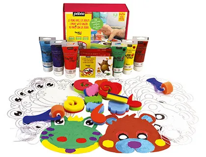 Coffret pébéo atelier tacticolor gouache au doigt + masques + accesoires pour 24 enfants