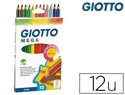 Crayon couleur giotto mega forme hexagonale mine large 5.5mm coloris assortis étui carton 12 unités