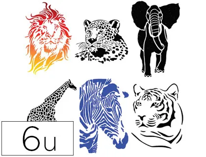 Pochoir culture club animaux plastique lavable A4 zèbre panthère lion éléphant girafe tigre lot 6 unités