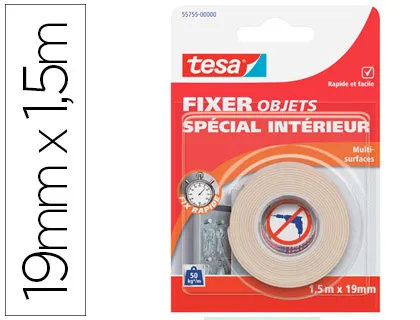 Ruban adhésif tesa double face polyvalent fixer objets spécial intérieur 19mmx1.5m supporte 5kg/10cm coloris blanc