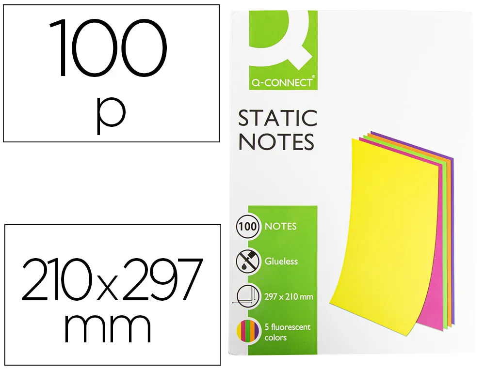 Bloc notes Q-Connect quick notes 210x297m 100f electro statiques repositionables coloris neon