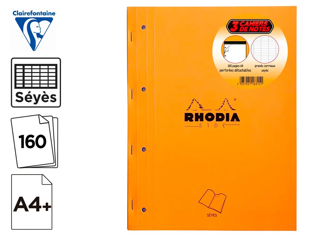 Bloc agrafe rhodia A4+ 21x31,8cm 160 pages seyes microperforees detachables 4 trous lot 3 unites