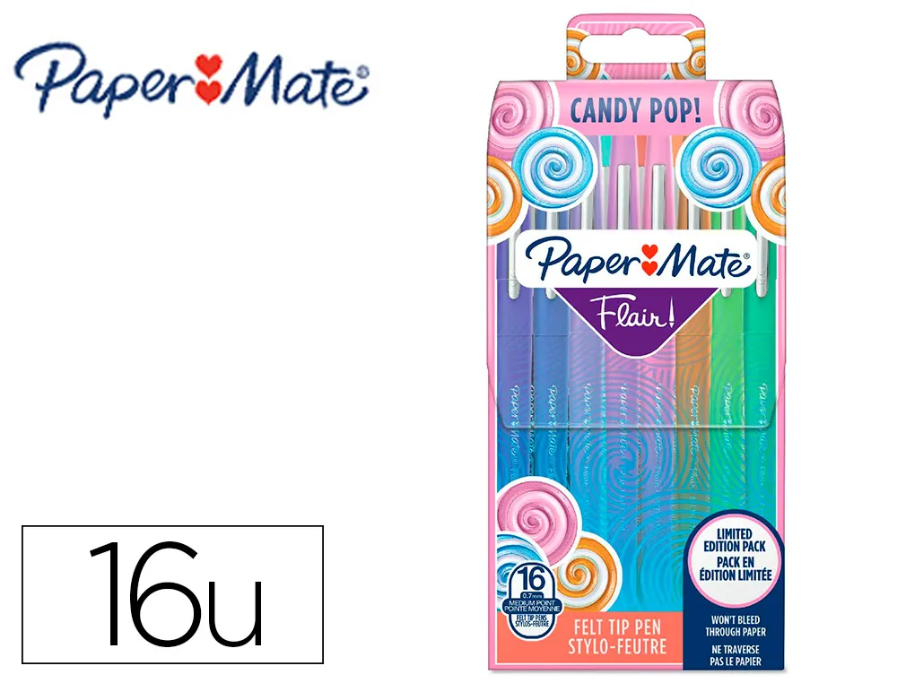Feutre ecriture papermate flair candy pop pointe moyenne pochette 16 unites assorties