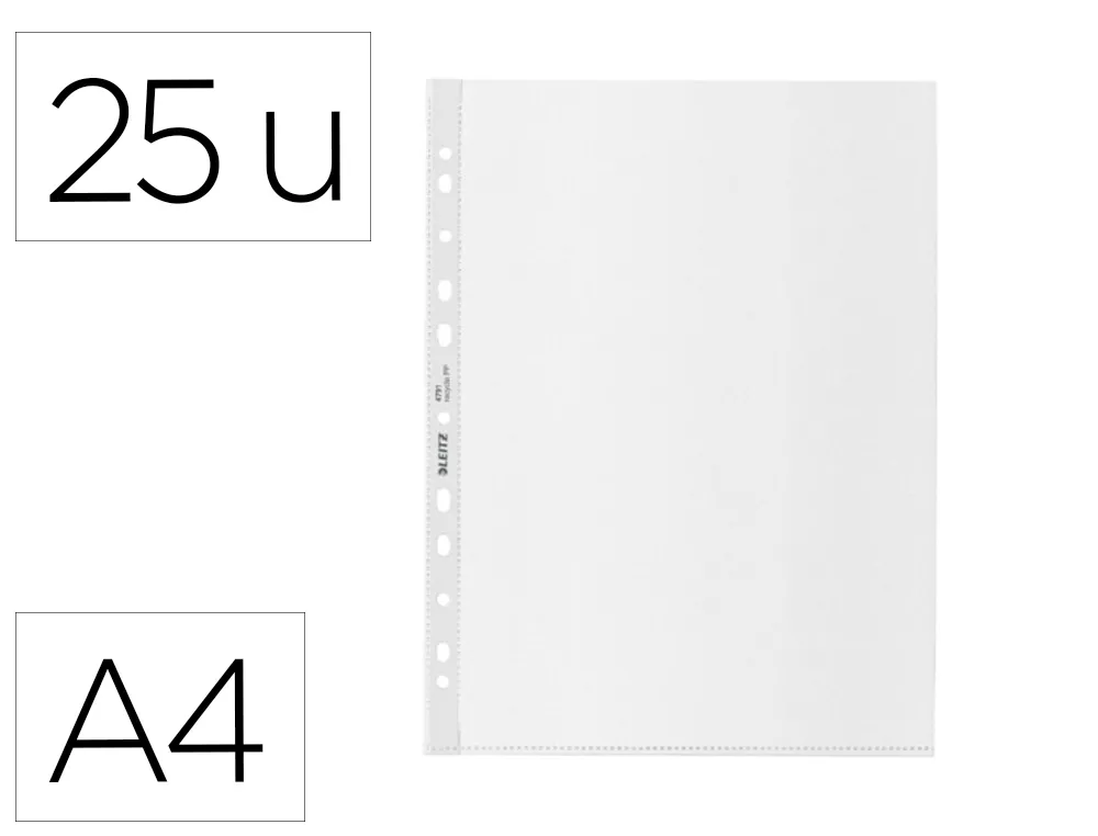 POCHETTE LEITZ PERFOREE A4 POLYPROPYLENE RECYCLE 100 MICRONS 11 TROUS TRANSPARENT SACHET 25 UNITES