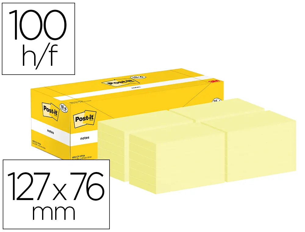 Bloc-notes Post-IT 127x76MM 100F repositionnables coloris jaune Boite de 24 blocs