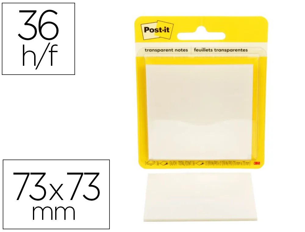 BLOC-NOTES POST-IT 73X73MM 36F REPOSITIONNABLES COLORIS TRANSPARENT