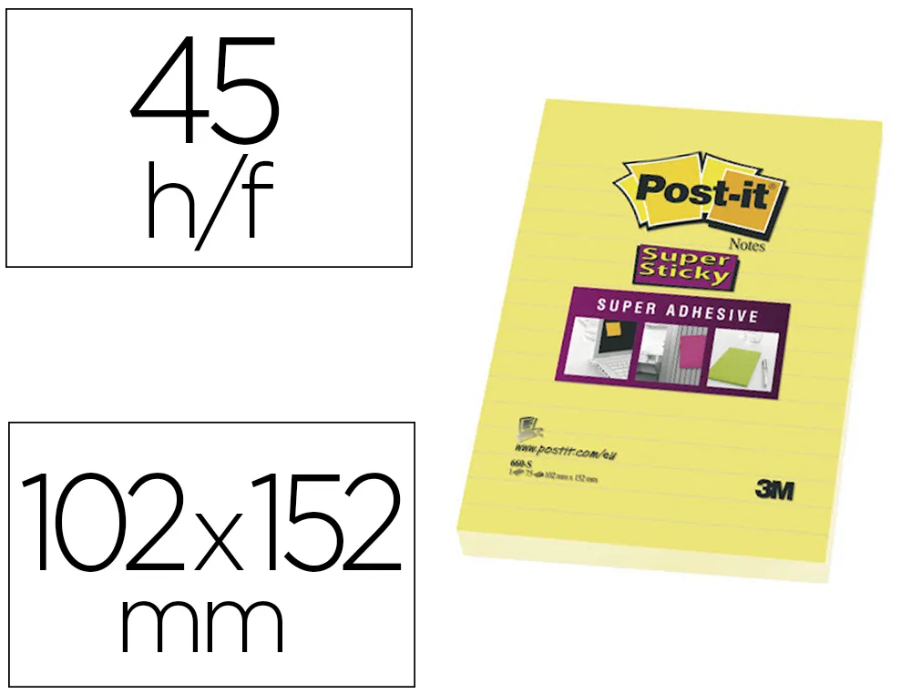 Bloc-notes post-it super sticky grand format recycles 102x152mm 45f repositionnables lignes coloris jaune pack 4 blocs
