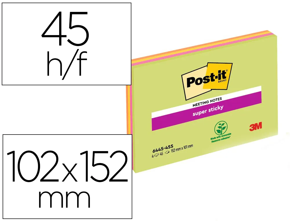 Bloc-notes post-it super sticky grand format recycles 102x152mm 45f repositionnables lignes col. assortis pack 4 blocs