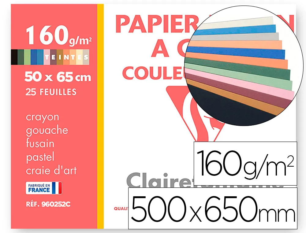 Papier dessin clairefontaine a grain 160g 1 surface grainee 1 lisse 50x65cm paquet 24f coloris pastel 24