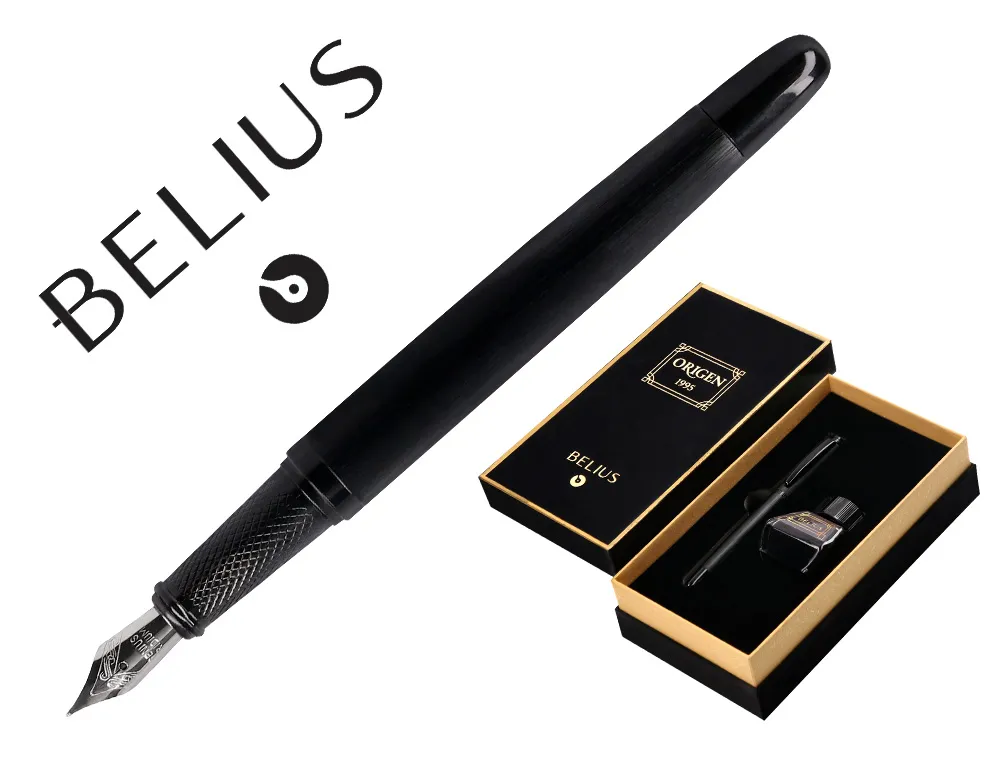 Stylo-plume et flacon d'encre belius origen aluminium brosse encre noire coloris noir dans coffret cadeau