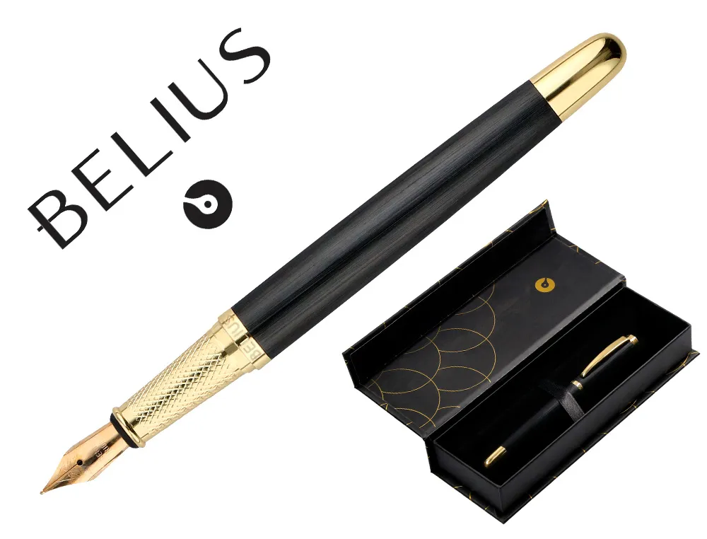 Stylo-plume belius passion aluminium brosse attributs or encre bleue coloris noir dans coffret cadeau