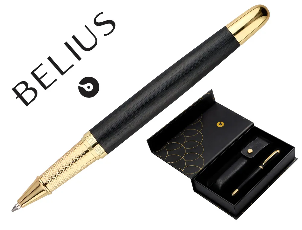 Stylo-bille et etui en simili cuir belius passion aluminium brosse attributs or encre bleue coloris noir coffret cadeau